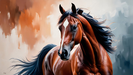 Portrait of a bay horse on a colored background. Digital painting.の素材