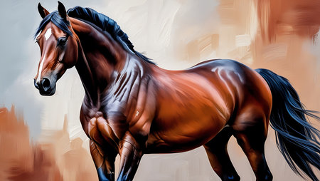 Digital painting of a bay horse with long mane in motion.の素材