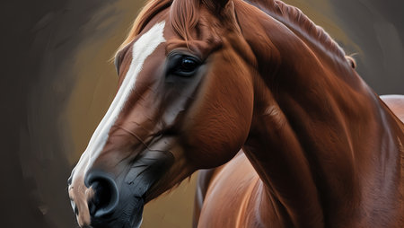 Close-up of a beautiful bay horse in the studio on a dark backgroundの素材