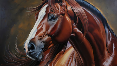 Realistic horse portrait. Portrait of a beautiful bay horse.の素材