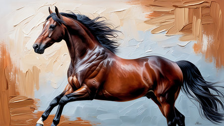 Illustration of a bay horse in motion. Digital painting in oil.の素材