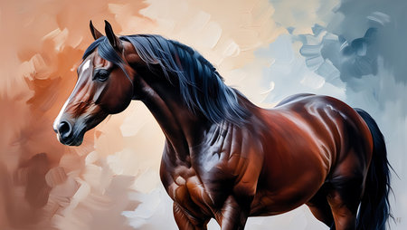 Digital painting of a bay horse with mane and mane in motionの素材