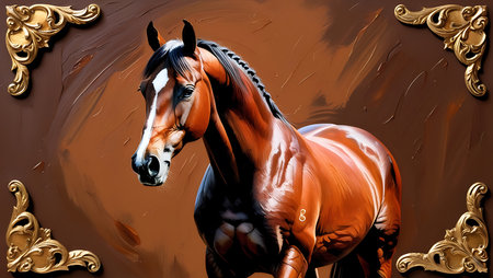 Beautiful Horse Portrait on Brown Background. Art Illustration.の素材