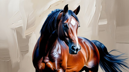 Horse portrait with black mane on white background. Digital painting.の素材