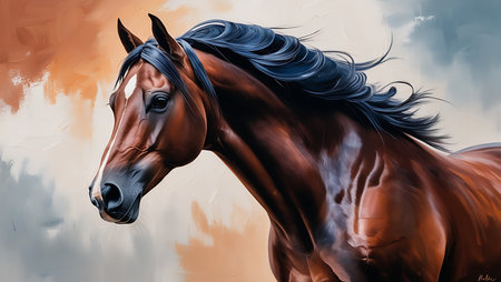 Beautiful bay horse with long mane. Digital painting on canvas.の素材