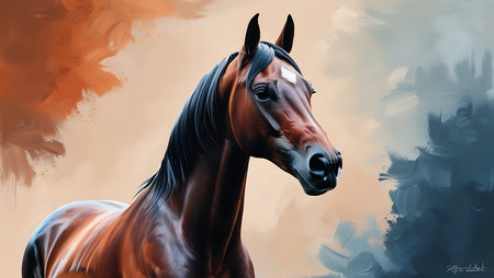 Beautiful bay horse portrait. Digital painting. 3D rendering.の素材