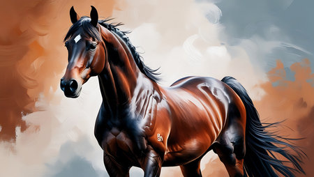 Digital painting of a bay horse in brown color with grunge backgroundの素材