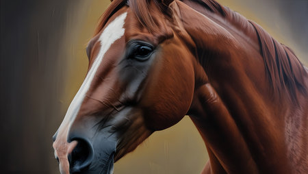 Close up of a bay horse head on a blurred background in the stableの素材