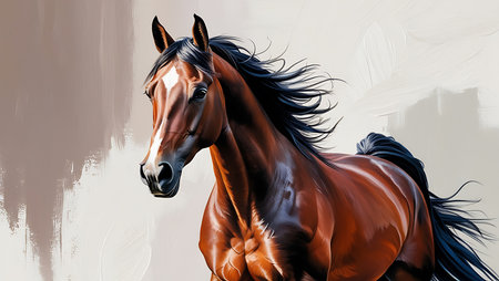 Digital painting of a bay horse with long mane in profile.の素材