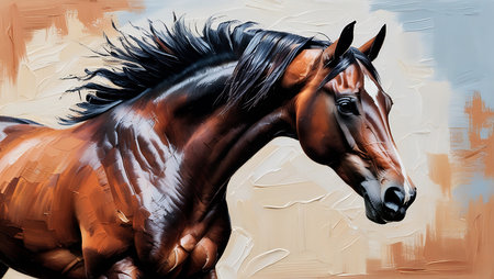 Digital painting of a bay horse with black mane and maneの素材
