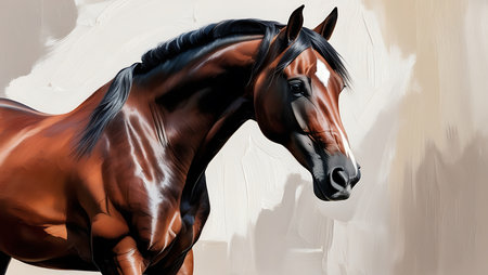 Beautiful bay horse with long mane portrait. Digital painting.の素材