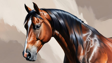 Portrait of a bay horse on a colored background. Digital painting.の素材