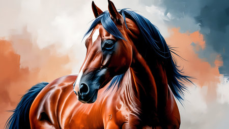 Digital painting of a beautiful bay horse with long mane in the wind.の素材