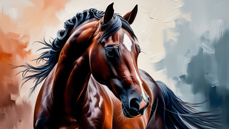 Beautiful bay horse with long mane portrait. Digital painting.の素材