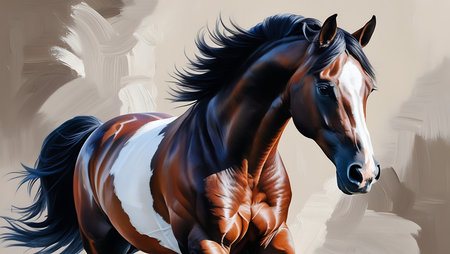 Horse portrait. Realistic illustration of a bay horse with mane.の素材