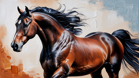 Digital painting of a bay horse with long mane in motion.の素材