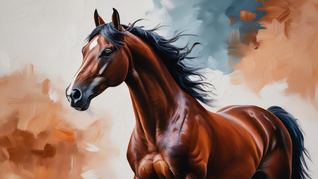Digital painting of a bay horse with long mane in motion.の素材