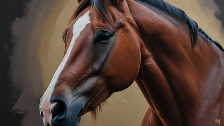 Portrait of a chestnut horse in motion. Digital painting.の素材
