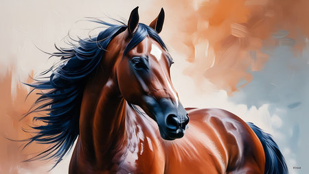 Portrait of a beautiful bay horse with long mane. Digital painting.の素材