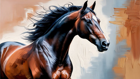Digital painting of a bay horse with long mane and maneの素材