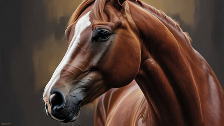 Portrait of a purebred bay horse with long mane. Digital painting.の素材