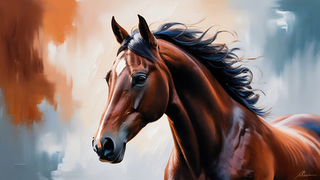 Portrait of a chestnut horse. Digital painting on canvas.の素材