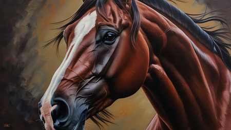 Beautiful bay horse portrait. Digital painting. 3D rendering.の素材