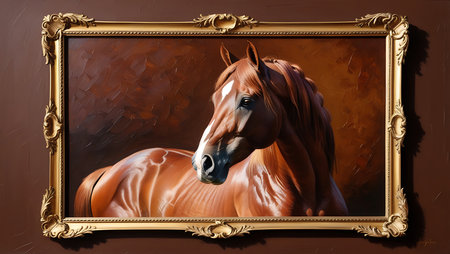 Horse portrait with golden picture frame on brown background. Digital painting.の素材