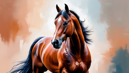 Beautiful bay horse portrait on grunge background. Digital painting.の素材