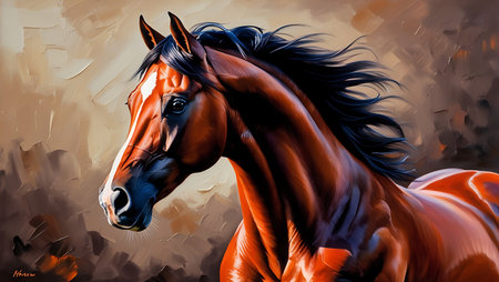 Digital painting of a bay horse with mane in motion. Horse portrait.の素材