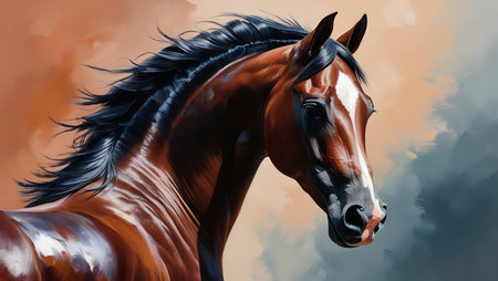 Portrait of a bay horse with black mane. Digital painting.の素材