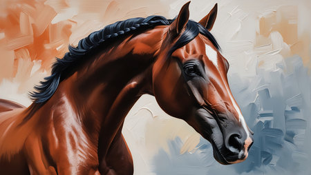 Portrait of a beautiful bay horse. Digital painting on canvas.の素材