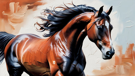 Digital illustration of a horse in black and orange colour with paint splashesの素材