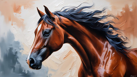 Horse painting on canvas. Portrait of a bay horse.の素材