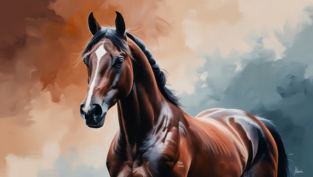 Digital painting of a bay horse with mane in the foreground.の素材