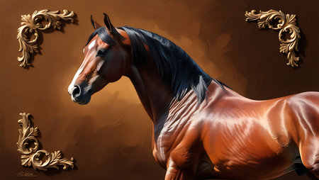 Horse portrait on brown background with golden ornament. Digital painting.の素材