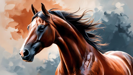 Beautiful bay horse portrait. Digital painting. 3D rendering.の素材