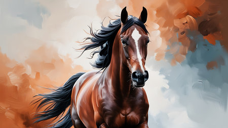 Horse portrait with watercolor splash on background. Digital painting.の素材