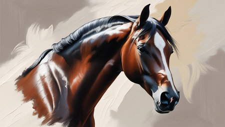 Portrait of a bay horse on a white background. Digital painting.の素材