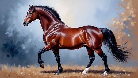 3d rendering of a beautiful bay horse running in the meadowの素材