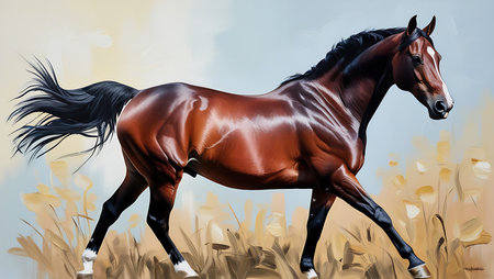 Illustration of a bay horse in the field. Digital painting.の素材