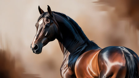 Beautiful bay stallion in motion on a brown background. 3d renderingの素材