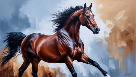 Illustration of a bay horse in motion. Digital art painting.の素材