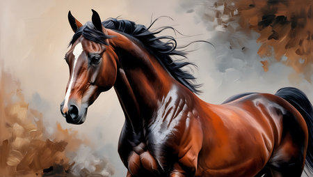 Digital painting of a bay horse in black and brown colors on a white backgroundの素材