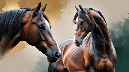 Two horses portrait on a grunge background with space for your textの素材