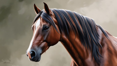 Beautiful bay horse with long mane portrait. 3d illustrationの素材