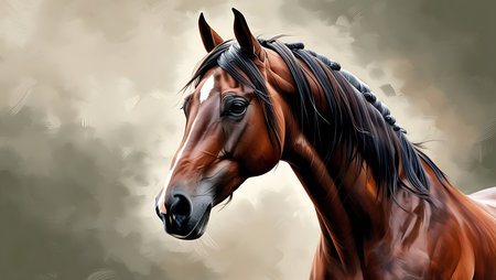 Digital painting of a bay horse with long mane in profile.の素材