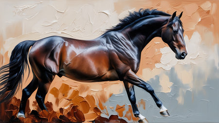 Illustration of a black stallion on a background of an orange wallの素材