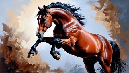 Digital painting of a bay horse with black mane in motion.の素材