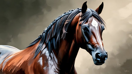 Digital painting of a bay horse with a mane in the backgroundの素材